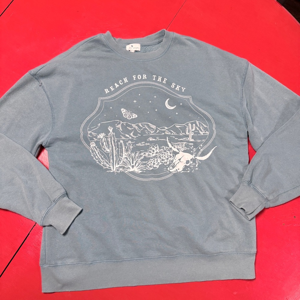 TRU CRAFT REACH THE SKY TEAL GRAPHIC SWEATSHIRT DESERT SKY SCENE